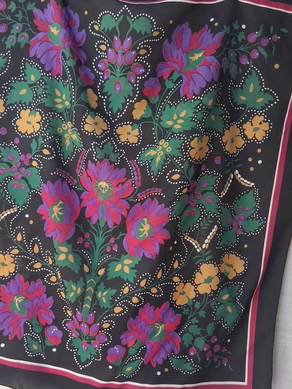 Vintage Gorgeous Floral Print Over Black Square Scarf